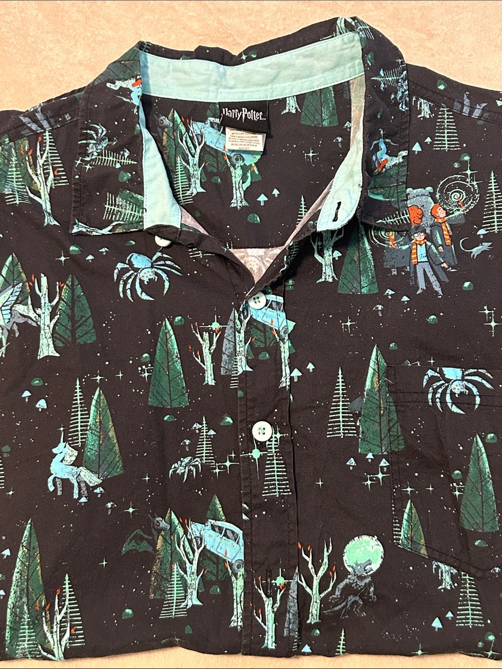 Harry Potter The Forbidden Forest Pattern Black Woven Button Up Shirt Mens XL